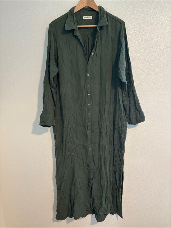 NATURAL LIFE Dresses & Skirts - Natural Life 100% Gauzy Cotton Maxi Shirt Dress Olive Green Boho Size Large